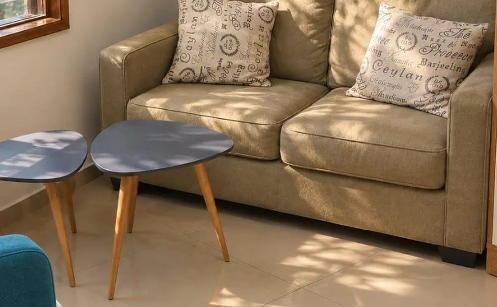 Sala de la consulta: un sofá con cojines, dos mesitas de madera y la luz del sol que entra filtrada por los árboles